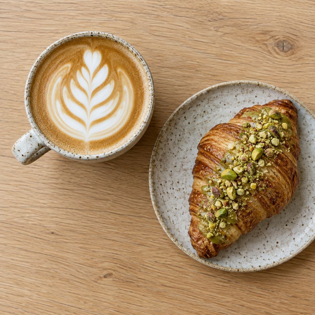 A flat white with latte art next to a pistachio croissant on a speckled plate